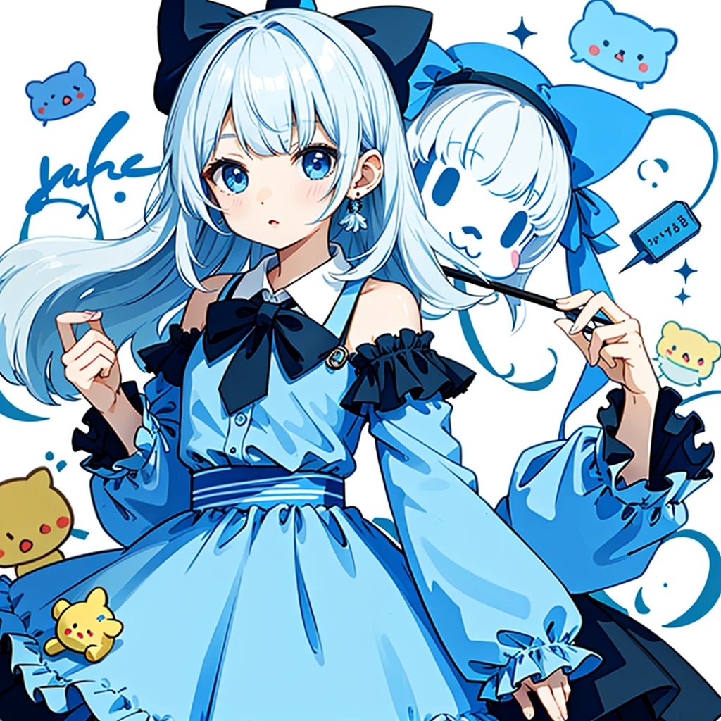  1 girl, Alone, ((( Best Composition 、Best Quality、 Supreme Masterpiece、Super detailed、 high definition)))、Cynamic,  gradation hair color、  blue eyes,  hair ring,  hair bow, (Kome Kome , Tie your ears, Sanrio, 1Other, biology:1.2),  off-shoulder ,  bare shoulders, tie,  wide sleeve , Colored Shirt,  detachable sleeve, check, 黒tie, Frill collar,  frill shirt, Gorgeous, Cute,  cowboy shots, 