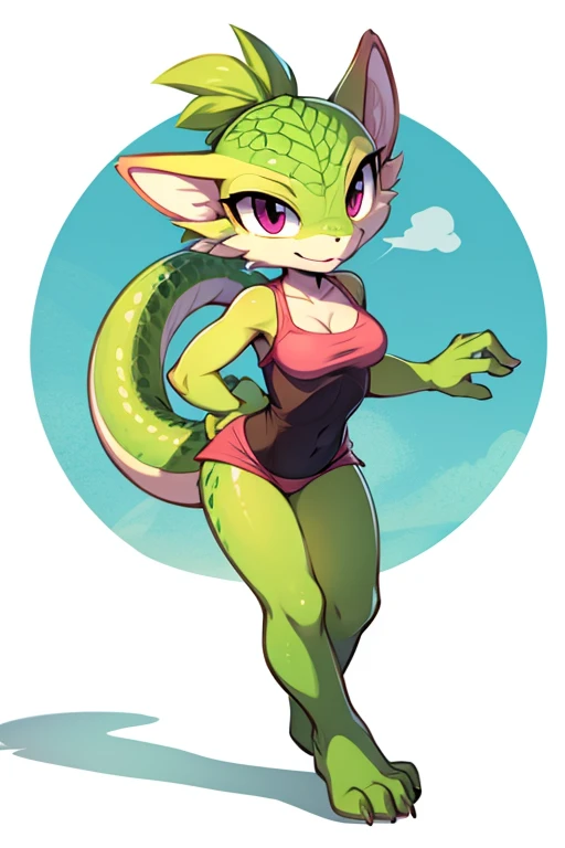 Solo focus, Female anthro kobold, light green scales, cream belly scales, blush