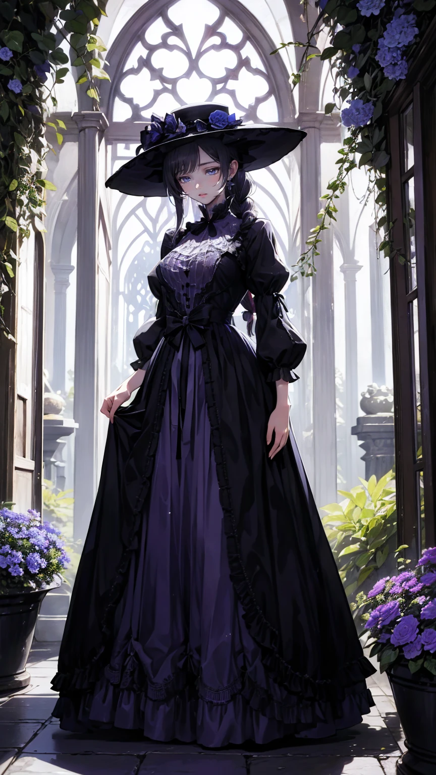 ネオゴススタイルの   girl, Wearing a black dress and a white collar,  Wearing a black hat  、 with heavy makeup ,   She's standing in an enigmatic garden   、Surrounded by vines   .  dark purple flowers are in full bloom in the garden   .、Gothic architecture in the background。.   girl&#39;Iの髪は黒色、   her hair is long braided   .、   red roses blooming next to her   。. Her eyes are sharp、It&#39;stabbing.,   thick black eyeliner and long lashes  .   she has white skin  .、Lips bright red.. The atmosphere is gloomy and eerie, Dim lighting casts long shadows.   This work is a collaboration between digital illustration and photography.., result、そのresult、Incredibly high resolution images。. Most colors are dark、I&#39;kind,   dark red and purple create a dark beauty   ..    The overall style is neo-gothic    ., Horror,   portrait photo with lots of ties ,   creates a unique and fascinating visual experience   .Dark Imagery