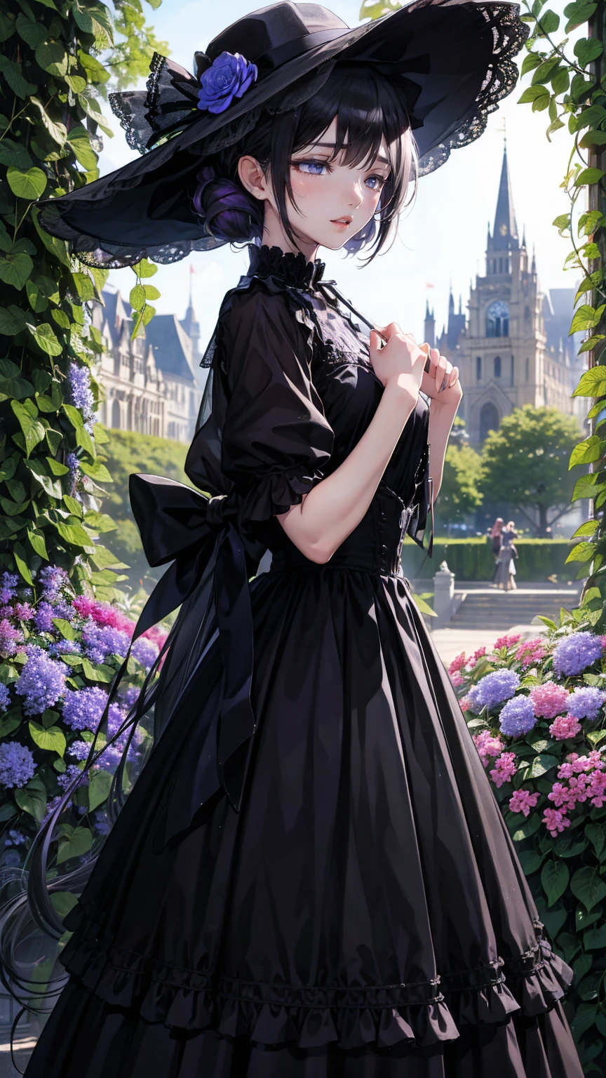 ネオゴススタイルの   girl, Wearing a black dress and a white collar,  Wearing a black hat  、 with heavy makeup ,   She's standing in an enigmatic garden   、Surrounded by vines   .  dark purple flowers are in full bloom in the garden   .、Gothic architecture in the background。.   girl&#39;Iの髪は黒色、   her hair is long braided   .、   red roses blooming next to her   。. Her eyes are sharp、It&#39;stabbing.,   thick black eyeliner and long lashes  .   she has white skin  .、Lips bright red.. The atmosphere is gloomy and eerie, Dim lighting casts long shadows.   This work is a collaboration between digital illustration and photography.., result、そのresult、Incredibly high resolution images。. Most colors are dark、I&#39;kind,   dark red and purple create a dark beauty   ..    The overall style is neo-gothic    ., Horror,   portrait photo with lots of ties ,   creates a unique and fascinating visual experience   .Dark Imagery