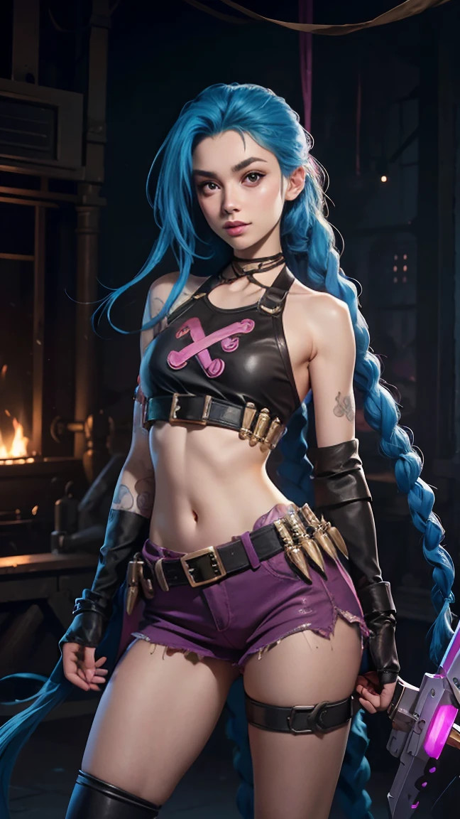 jinx (league of legends),solo,tattoo,twin braids,long hair,jewelry,navel,blue hair,shorts,very long hair,thighhighs,armpits,necklace,belt,short shorts,gloves,pink eyes,pink thighhighs,looking at viewer,small breasts,flat chest,<lora:MIAOKA_JINX_1.0_SDXL:0.8>,