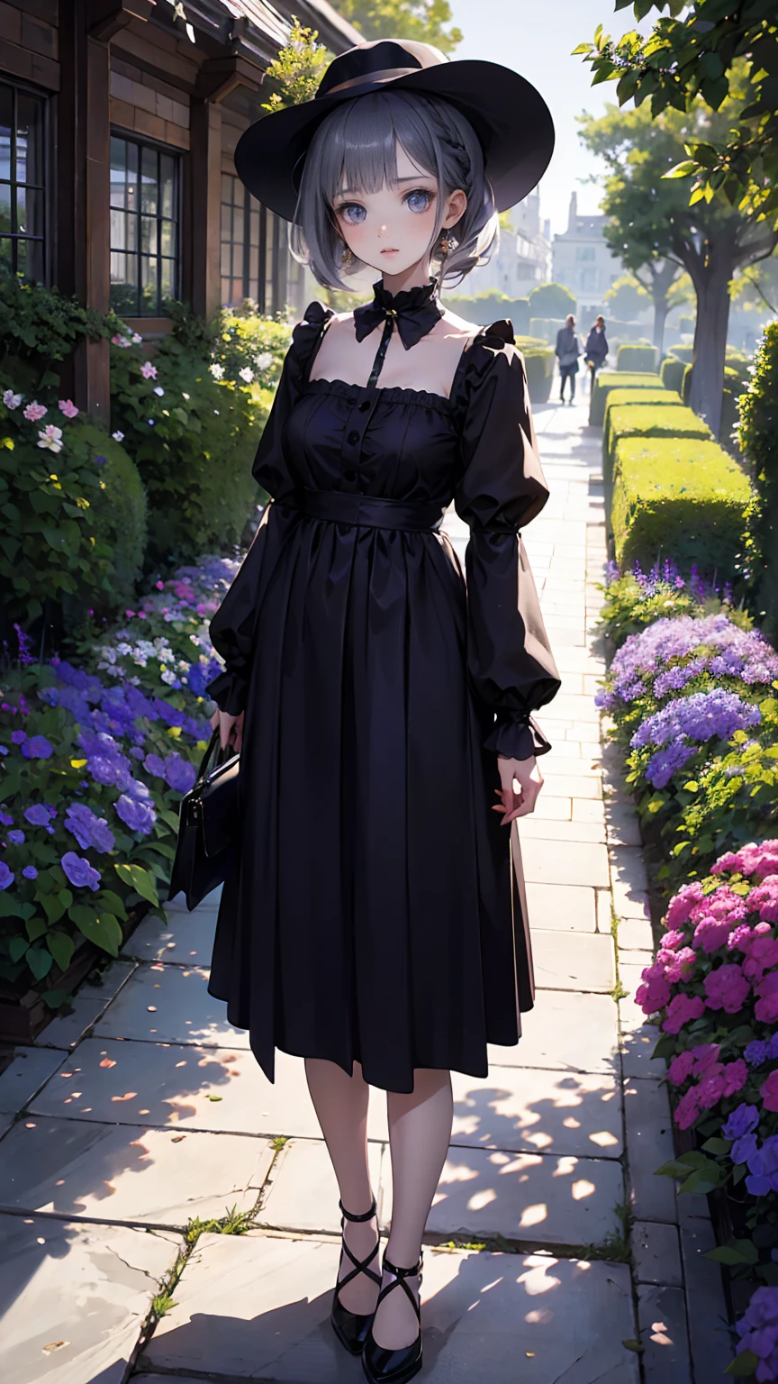 ネオゴススタイルの   girl, Wearing a black dress and a white collar,  Wearing a black hat  、 with heavy makeup ,   She's standing in an enigmatic garden   、Surrounded by vines   .  dark purple flowers are in full bloom in the garden   .、Gothic architecture in the background。.   girl&#39;Iの髪は黒色、   her hair is long braided   .、   red roses blooming next to her   。. Her eyes are sharp、It&#39;stabbing.,   thick black eyeliner and long lashes  .   she has white skin  .、Lips bright red.. The atmosphere is gloomy and eerie, Dim lighting casts long shadows.   This work is a collaboration between digital illustration and photography.., result、そのresult、Incredibly high resolution images。. Most colors are dark、I&#39;kind,   dark red and purple create a dark beauty   ..    The overall style is neo-gothic    ., Horror,   portrait photo with lots of ties ,   creates a unique and fascinating visual experience   .Dark Imagery