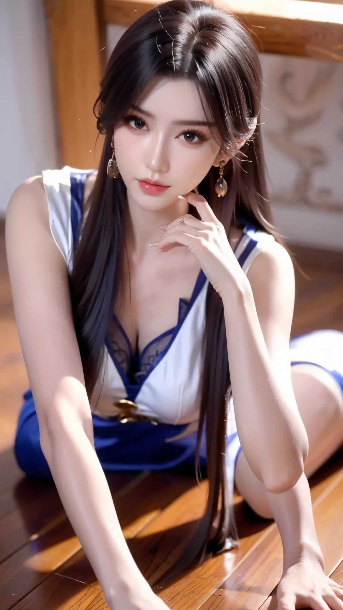 Close-up of a woman in a dress lying on a wooden floor, Japanese Goddess, Beautiful Chinese model, beautiful goddess, beautiful Asian girl, Sexy Girl, Fair, smooth and translucent skin, Chinese Girl, Asian girl, Attractive anime girl, Sexy pose, Beautiful fantasy queen, Beautiful and detailed body and face, Smooth white tights set, Light milky white porcelain skin