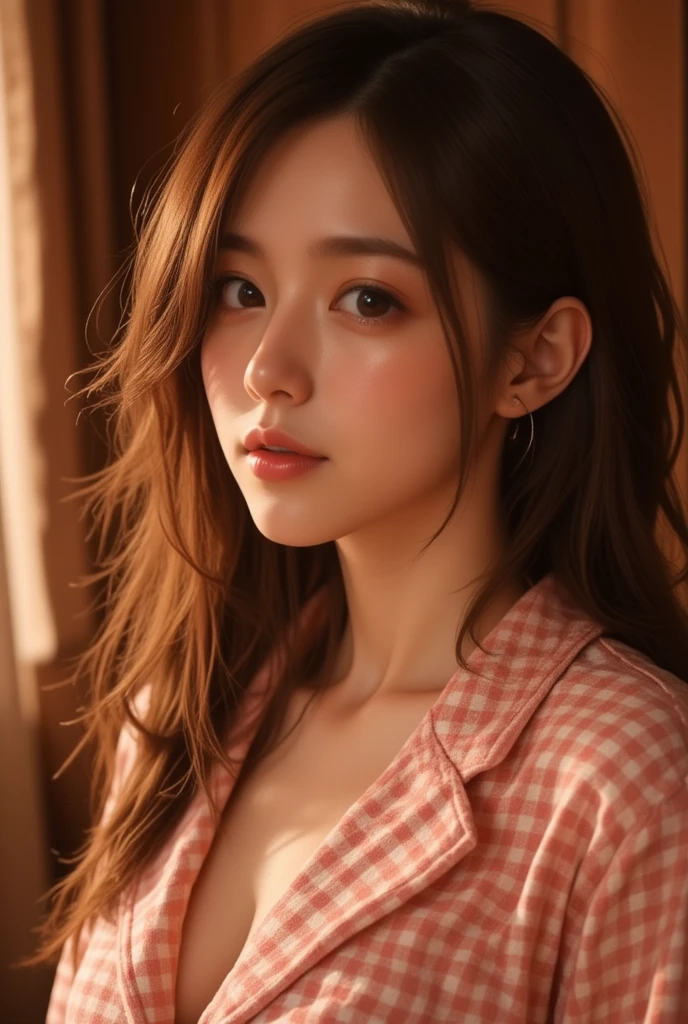 a asian woman , pajamas、Gingham check、pumps、Detailed face、Detailed lips、Detailed eyes、Glowing Skin、One person、Open shirt
