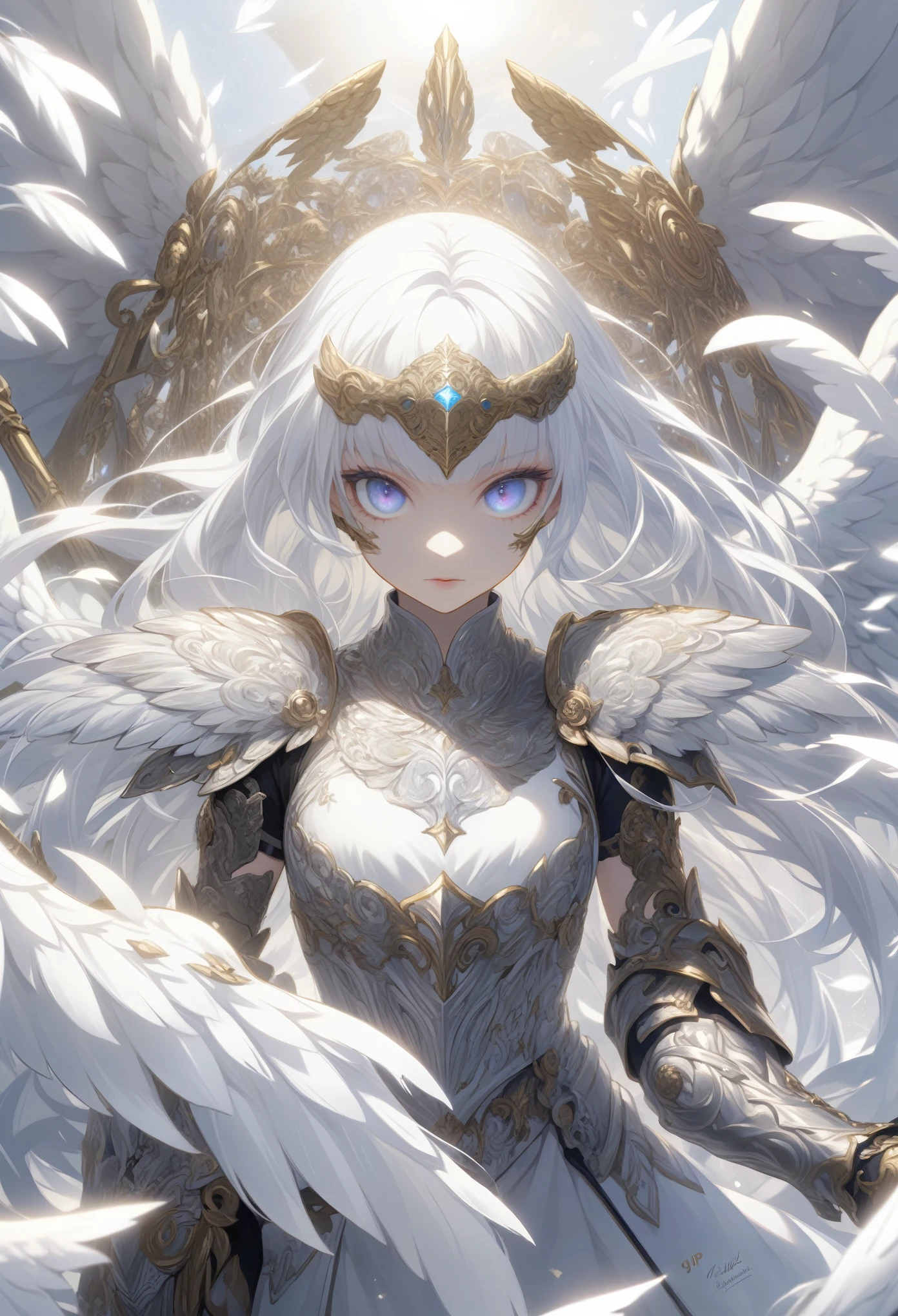 score_9, score_8_up, score_7_up, Intricate details, A delicate Gribbles work, (Angel, Valkyrie), (1girl, solo), big round eyes. (shining hair, silver long hair), armored mask, armored dress, medium breasts, (Angel wings:1.1)