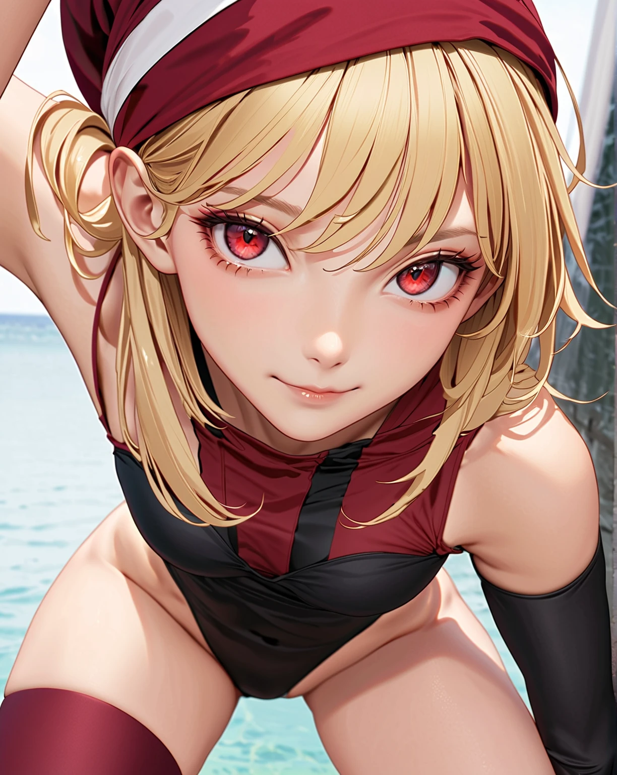 full-length, (((1girl, solo))), elf, elf ears, (cute face), (focusing on face), (Ideal body proportions), ((Composition from head to thigh)), black bikini suit, Drenched shortcut blond hair, (scarlet clear red eyes, tsurime), The erection, Carmelto, Sexy body, smirk smile, short-hair, blond hair with burgundy tips of hair, burgundy ends of hair, , slenderness, Small buttocks, Beautiful legs, Skinny Legs, One-person viewpoint, masterpiece, ((Anatomically correct)), (portrait:1.4), (((close-up))), (focusing on eyes)