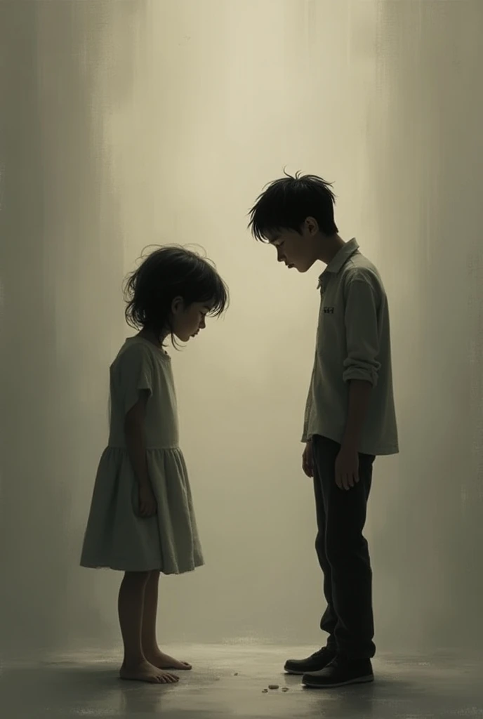 "A boy kneels on the ground, tears streaming down his face as he reaches out to a girl walking away from him. The girl, appearing indifferent or detached, continues to walk away, leaving the boy in a state of despair and "A boy kneels on the ground, tears streaming down his face as he reaches out to a girl walking away from him. The girl, appearing indifferent or detached, continues to walk away, leaving the boy in a state of despair and longing."