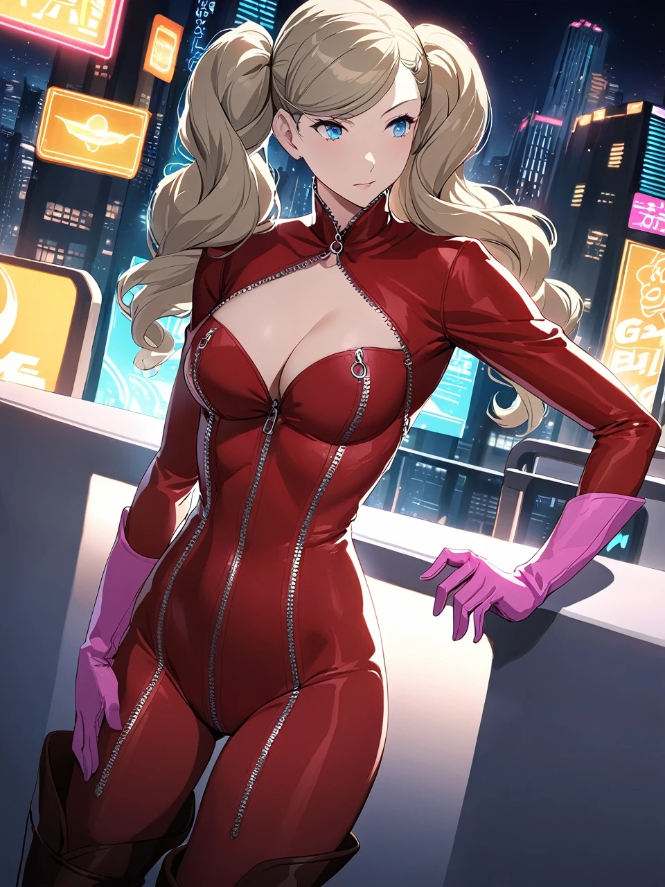 dspanther, blonde hair, long hair, twintails, swept bangs, blue eyes, red bodysuit, thigh boots, pink gloves, zipper, cleavage, clothing cutout, fake tail, 1girl, solo
BREAK
futuristic city, neon lights, night, rooftop, depth of field, cinematic, masterpiece, best quality, game cg
 