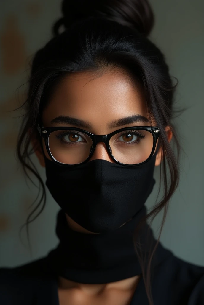 A girl wearing pardha black mask and spectacle