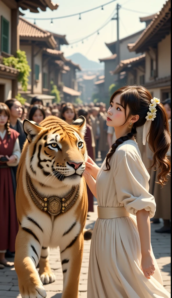 Best Quality、masterpiece、  RAW Photo from the Last Century 、 film grain 、 hyperrealism、Realistic  、  ultra high resolution、 a girl walking a big white wolf  、女の子がLiger  の首輪を持って案内している&#39;Neck collar、首輪をした巨大なLiger  、Divine Beast 、Liger  、、Surprised townspeople々々々