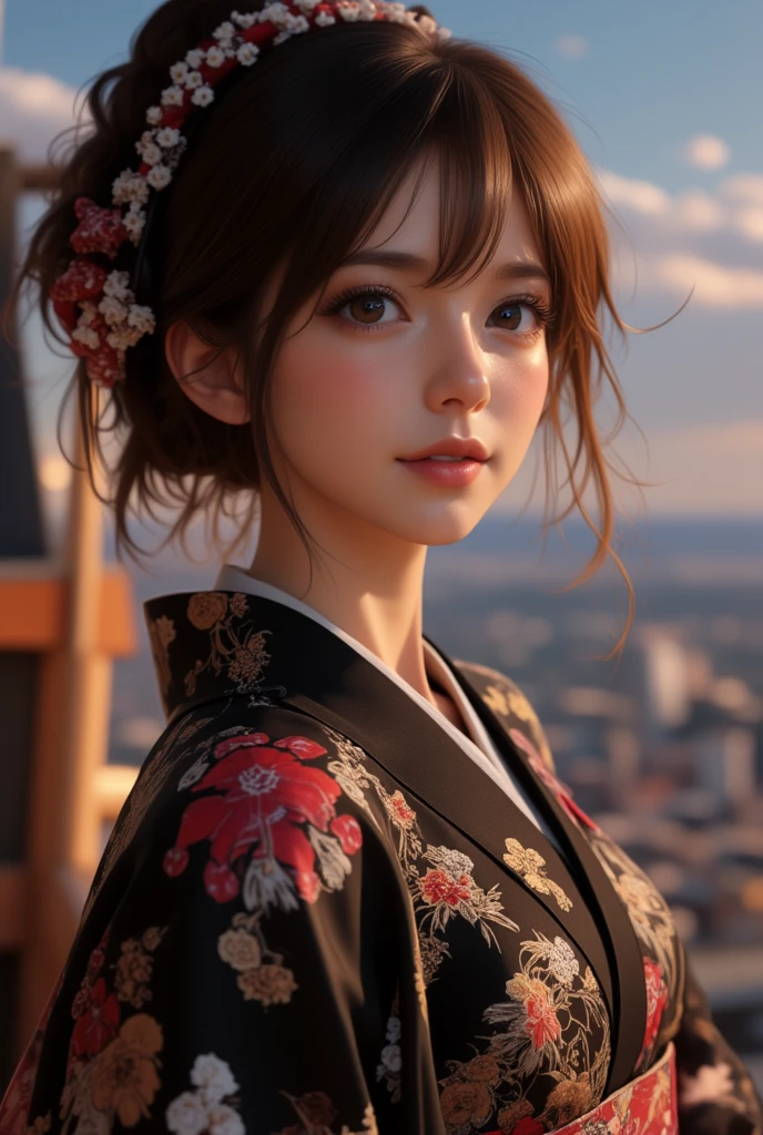 1woman in,(Komono, Black kimono, with floral pattern, print kimono, sash, Wide sleeves, Obi),City Background,(Raw photo, Best Quality), (Realistic, Photorealsitic:1.4), masutepiece, extremely delicate and beautiful, Extremely detailed, 2k wallpaper, amazing, finely detail, the Extremely Detailed CG Unity 8K Wallpapers, Ultra-detailed, hight resolution, Soft light, Beautiful detailed girl, extremely detailed eye and face, beautiful detailed nose, Beautiful detailed eyes,Cinematic lighting,Starry sky,Perfect Anatomy,Slender body,lightsmile
