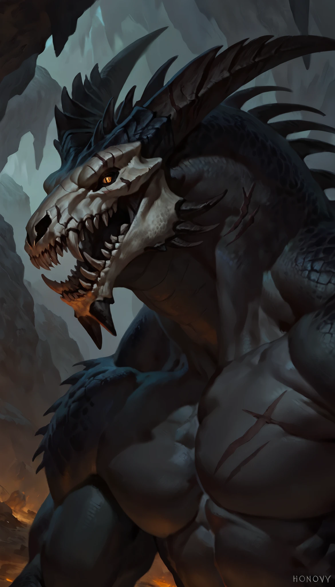 lizardfolk, anthro dragon lizard, solo, portrait, scaly, detailed scales, experienced predator, dragonic, monster, mercenary, grin, open mouth, black scaly body, matte body, toned, muscular anthro, big muscles, big horns, detailed scales, scars on body, 1male solo, anthro, muscular, thick neck, thick tail, skull head, marked jaw, underground cave city background, darkness, horror, best quality, 4k, ultra-detailed, by laobai, by taran fiddler, by honovy