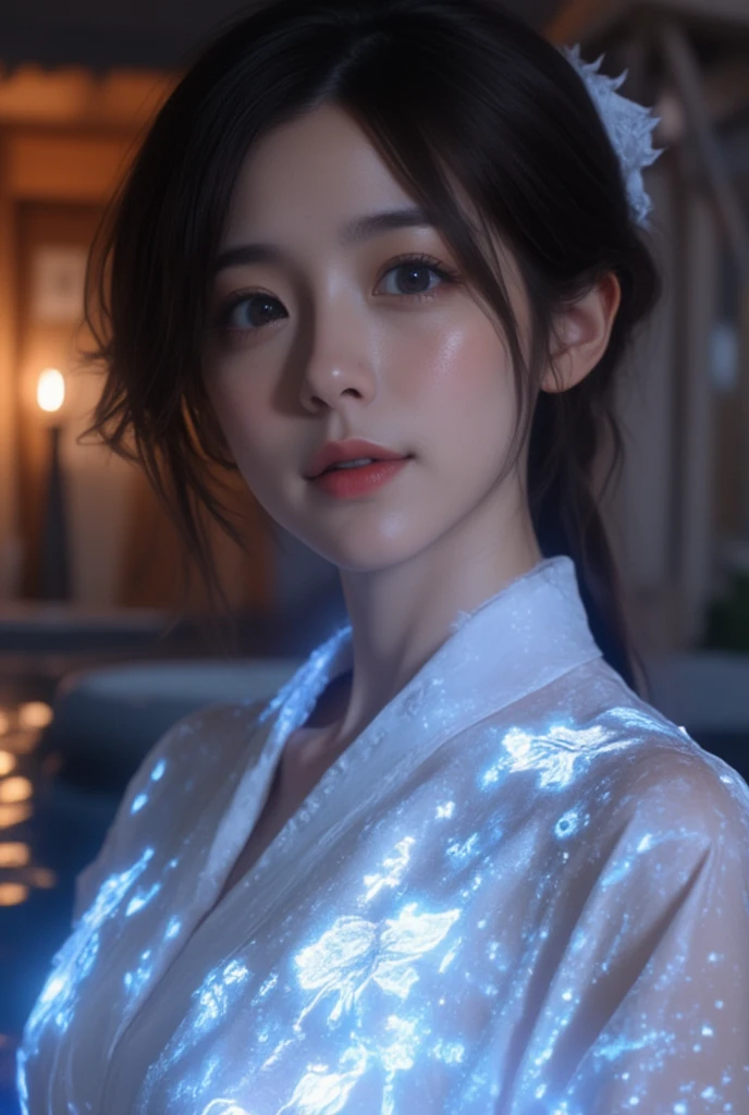 Ultra-realistic embodiment of hologram forms of boundless fantasy in sleepy dreams about a woman against the background of a traditional Japanese onsen. Her translucent robe has holographic glowing silhouettes, and an aura emanates from her. The portrait image has clear facial details with special attention to expressiveness, emotion, and photorealism
