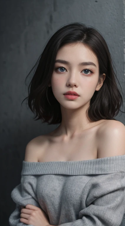  Tight Black Tops :1.2、 Viewers、 Movie Lighting、perfection、Soft light、  Hi-Res Skin:1.2、realistic skin texture、30 year old mature woman、 small face、 no makeup in the coal mine、 off-shoulder 、B Cup、Small chest、 blue eyes、 short hair、 dark brown hair 、Completely naked、 grey background、