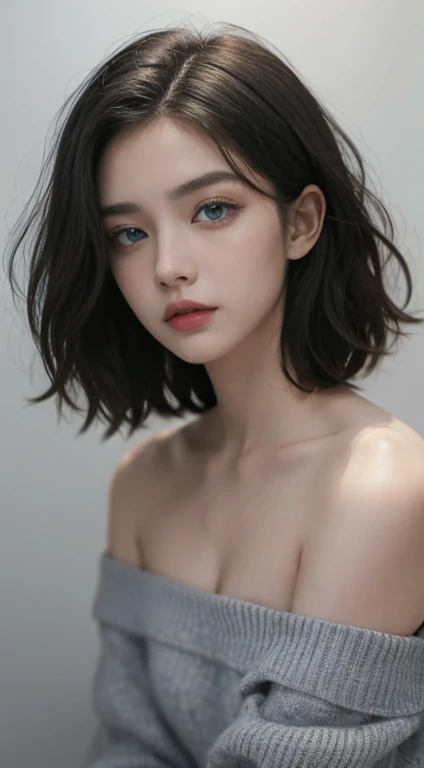  Tight Black Tops :1.2、 Viewers、 Movie Lighting、perfection、Soft light、  Hi-Res Skin:1.2、realistic skin texture、30 year old mature woman、 small face、 no makeup in the coal mine、 off-shoulder 、B Cup、Small chest、 blue eyes、 short hair、 dark brown hair 、Completely naked、 grey background、