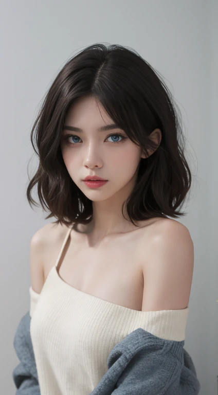  Tight Black Tops :1.2、 Viewers、 Movie Lighting、perfection、Soft light、  Hi-Res Skin:1.2、realistic skin texture、30 year old mature woman、 small face、 no makeup in the coal mine、 off-shoulder 、B Cup、Small chest、 blue eyes、 short hair、 dark brown hair 、Completely naked、 grey background、