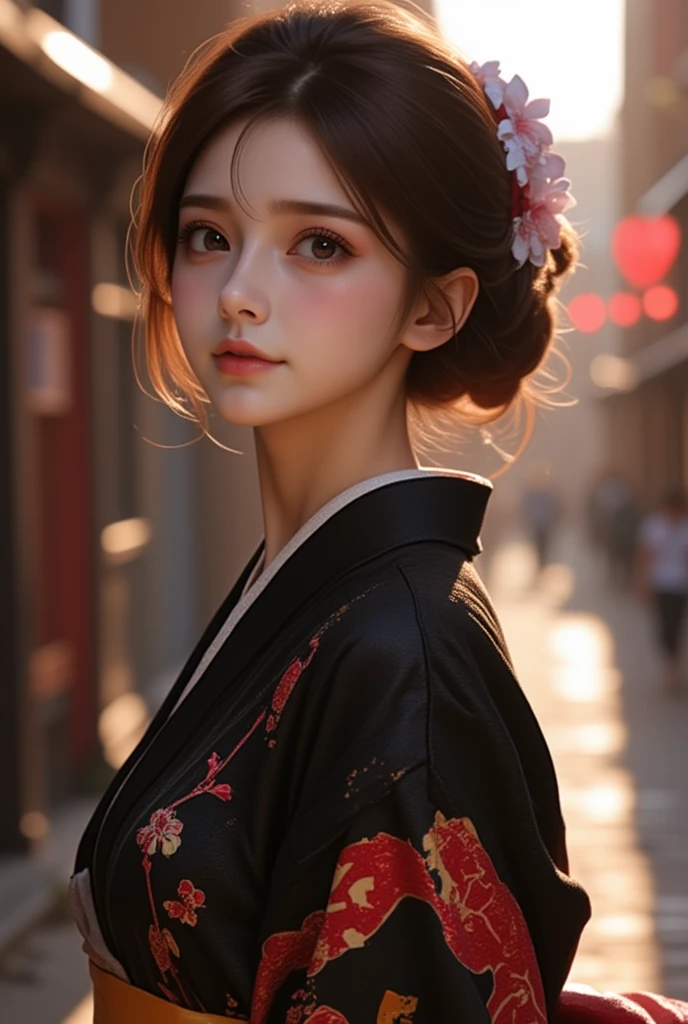 1woman in,(Komono, Black kimono, with floral pattern, print kimono, sash, Wide sleeves, Obi),City Background,(Raw photo, Best Quality), (Realistic, Photorealsitic:1.4), masutepiece, extremely delicate and beautiful, Extremely detailed, 2k wallpaper, amazing, finely detail, the Extremely Detailed CG Unity 8K Wallpapers, Ultra-detailed, hight resolution, Soft light, Beautiful detailed girl, extremely detailed eye and face, beautiful detailed nose, Beautiful detailed eyes,Cinematic lighting,Starry sky,Perfect Anatomy,Slender body,lightsmile
