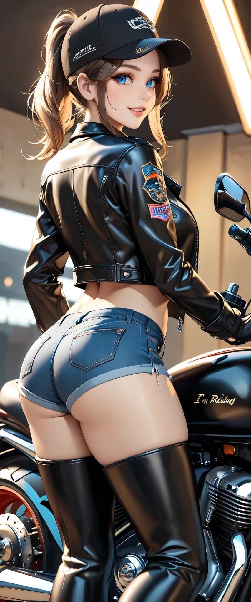 (Best Illustration), (hight resolution), (ighly detailed),( A hyper-realistic), (8K), (A detailed face), One girl, A smile, (Colossal tits), stick your butt back, (from behind), (Milk Tay Greige Hair), (Harley davidson), The anus is visible, Embarrassing appearance, (big butts:1.3), (finger detailed), (Bikes and), (fullnude), (camel's toe)