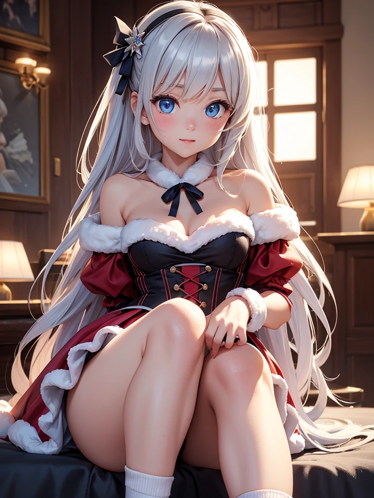1girl in, christmas cosplay, Medium White Hair, Beautiful sky blue eyes, Pony tail, Cute, blush, medium breasts, christmas, christmas underwear, bedroom, hentai, night