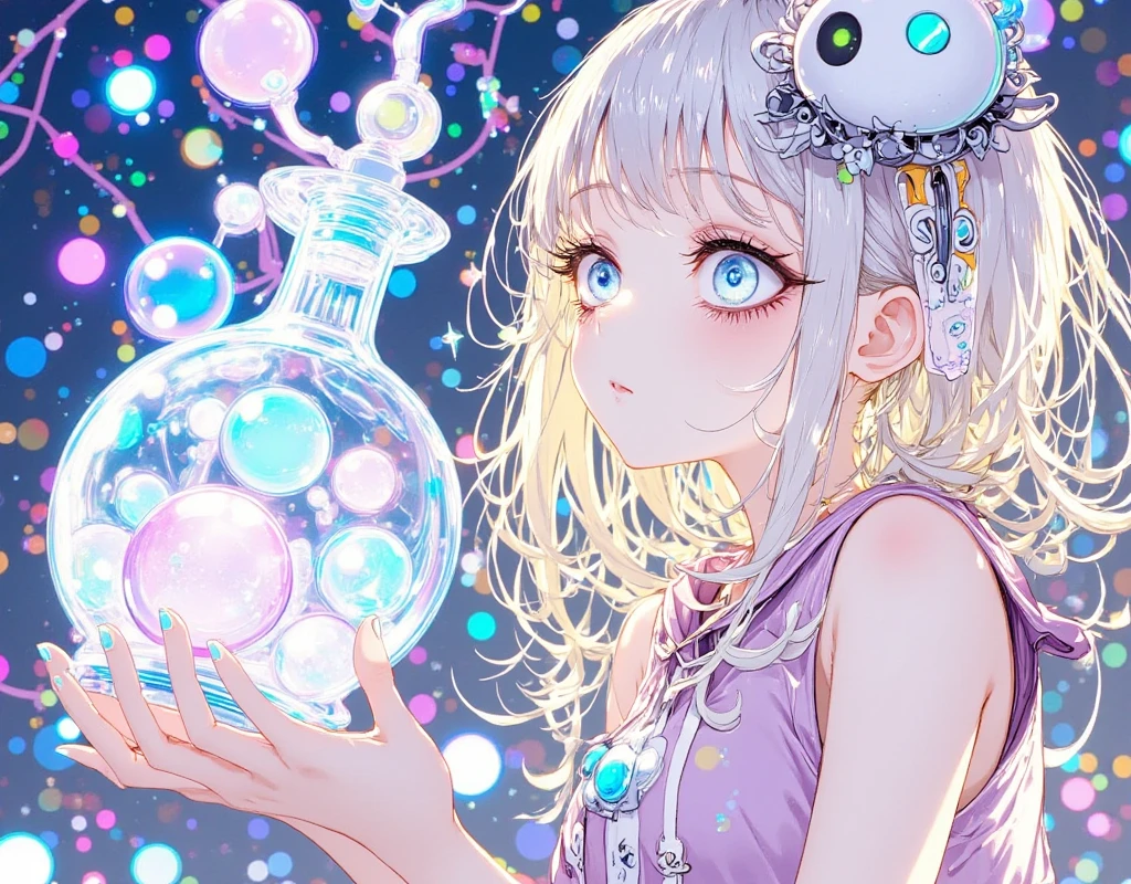 bags under eyes, bagy,1girl,solo,kawaii animation,look at me,yellow shor hair, hood, hoodie, A young girl with white hair and a skull-themed headband, gazing at an enchanted bottle filled with colorful spheres that emit magical light. kawaii anime,