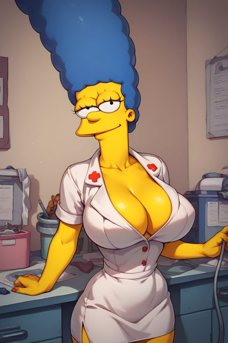 Marge Simpson very beautiful smiling with a super sexy body ((big breasts)) with a micro nurse uniform