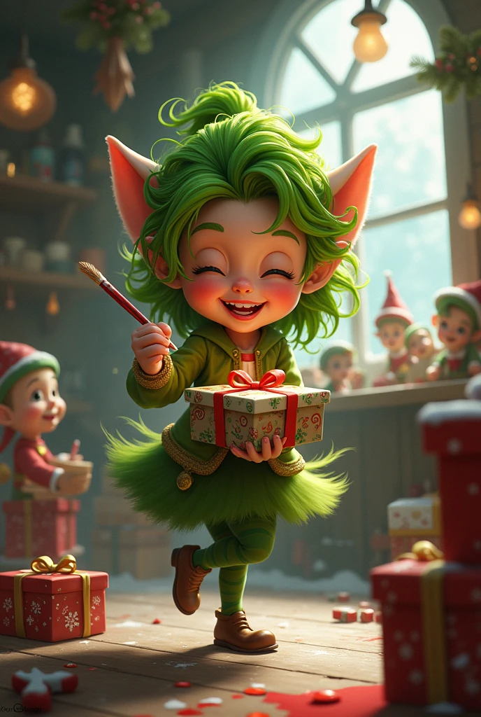 Very happy female leprechaun with disheveled hair painting a gift at Santa Claus's workshop.