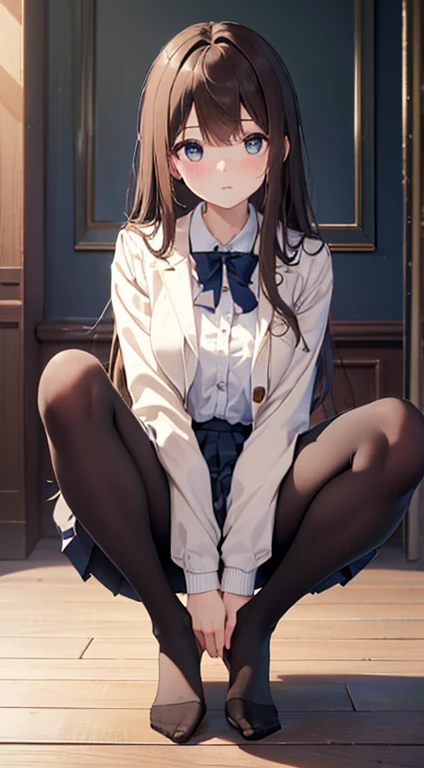 Top quality, masterpiece, High resolution, (Head to toe full body), front, composition from slightly below the front, Symmetric, Tall 18 year old girl, alone, (Head to toe), (Small breasts), Unkempt brown hair, bangs, (black tights), (Black Pantyhose), (Sit with your legs apart), (Crouching pose), (A composition showing white panties), (Her legs were spread、I see your white pants.), (I was made to sit on the floor with my legs spread..), (M-shaped legs), Thin legs, A very beautiful and tall 18 year old girl, (No shoes), blush, Shy big eyes, looking at the camera, blazer uniform, Checkered Pleated Skirt