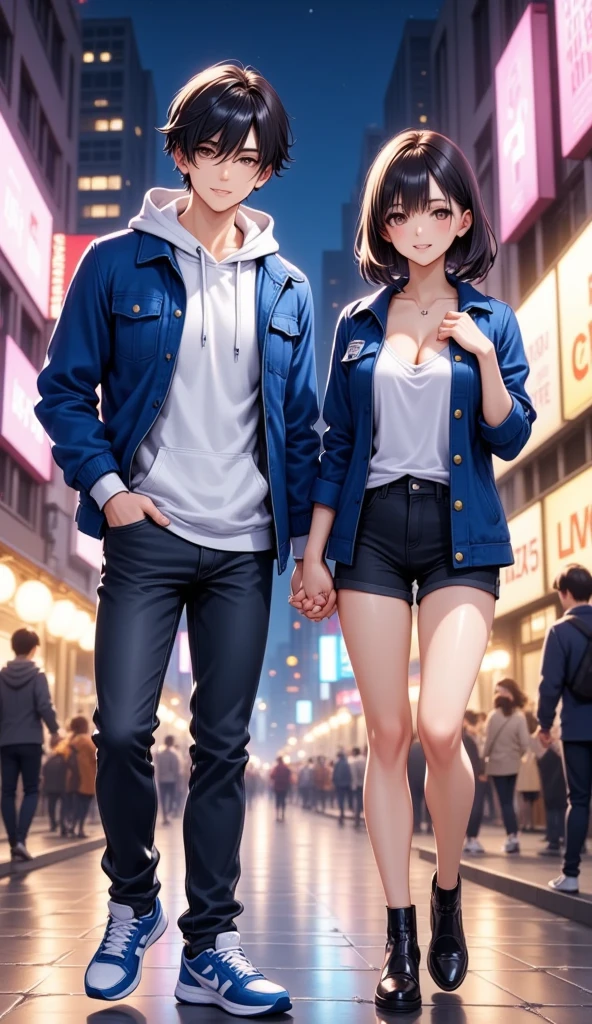 The couple on a date against the neon city backdrop at night  , young man"Asuka" are wearing white hoodies, blue jackets, jeans, and blue Nike running shoes(Medium straight 7:3 split casual black hair) , A woman with medium hair with dark hair "Haruna"Are trendy pumps in the latest fashion look  ,(( her shirt was torn  ,  Fashion Show))