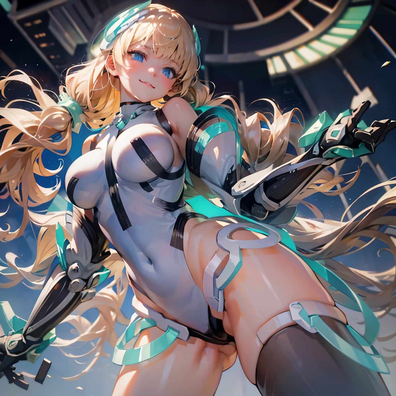  1 girl,Alone,  smiles lightly,Big Breasts, deva battle suit,Gloves, very long hair,Angela Balzac, blonde_hair,long hair, straddle a sexy woman who puts her hands on her humid , clear blue eyes,  smiles lightly,  headgear , skinny, Rose twine tail tied at shoulder position, cowboy shots, super low angle , charming body , I have a big butt , Viewers, face forward ,The background is inside a futuristic robot cockpit,Face here and open your crotch,Clear neon blue eyes with camera in the crotch ,Focus on the crotch,