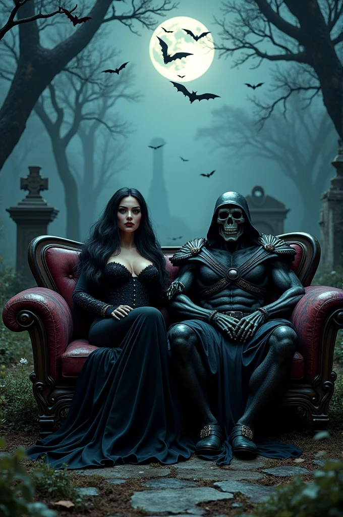 Create a reaper sitting on a throne in the graveyard and a female reaper sitting on his lap. 