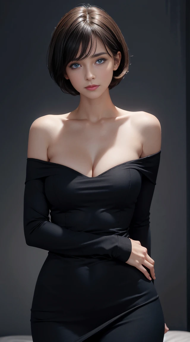  Tight Black Tops :1.2,  Viewers,  Movie Lighting, perfection, ,   Hi-Res Skin:1.2, realistic skin texture, 30 year old mature woman、 small face 、  off-shoulder ,B Cup、  exposed cleaves、 small breasts、 full nude、  blue eyes,  short hair,  dark brown hair 、 grey background