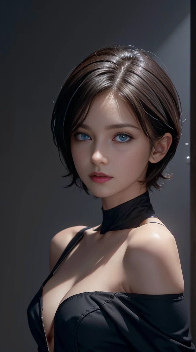  Tight Black Tops :1.2,  Viewers,  Movie Lighting, perfection, ,   Hi-Res Skin:1.2, realistic skin texture, 30 year old mature woman、 small face 、  off-shoulder ,B Cup、  exposed cleaves、 small breasts、 full nude、  blue eyes,  short hair,  dark brown hair 、 grey background