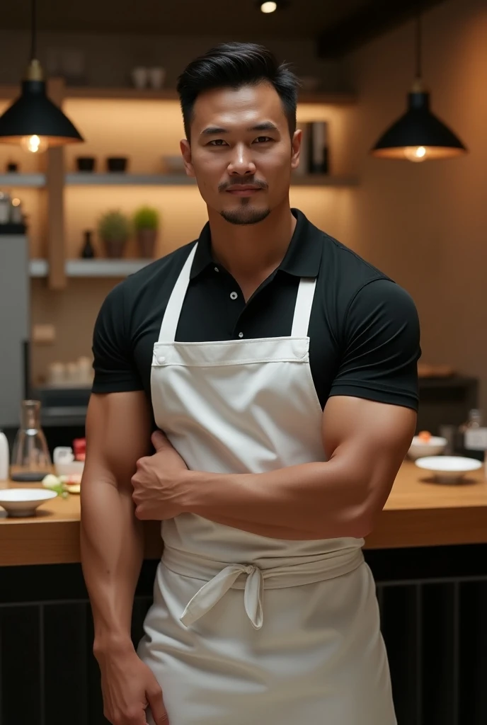 a guy with Asian features, black and red hair,cropped hair spike hair,His eyes are dark brown,Slim and agile, with well-defined muscles,in navy blue colors ,Clear Skin, he's in the kitchen of his house, he's wearing the white kitchen apron, sexy, he's shirtless, he's just wearing an apron ,sexy naked