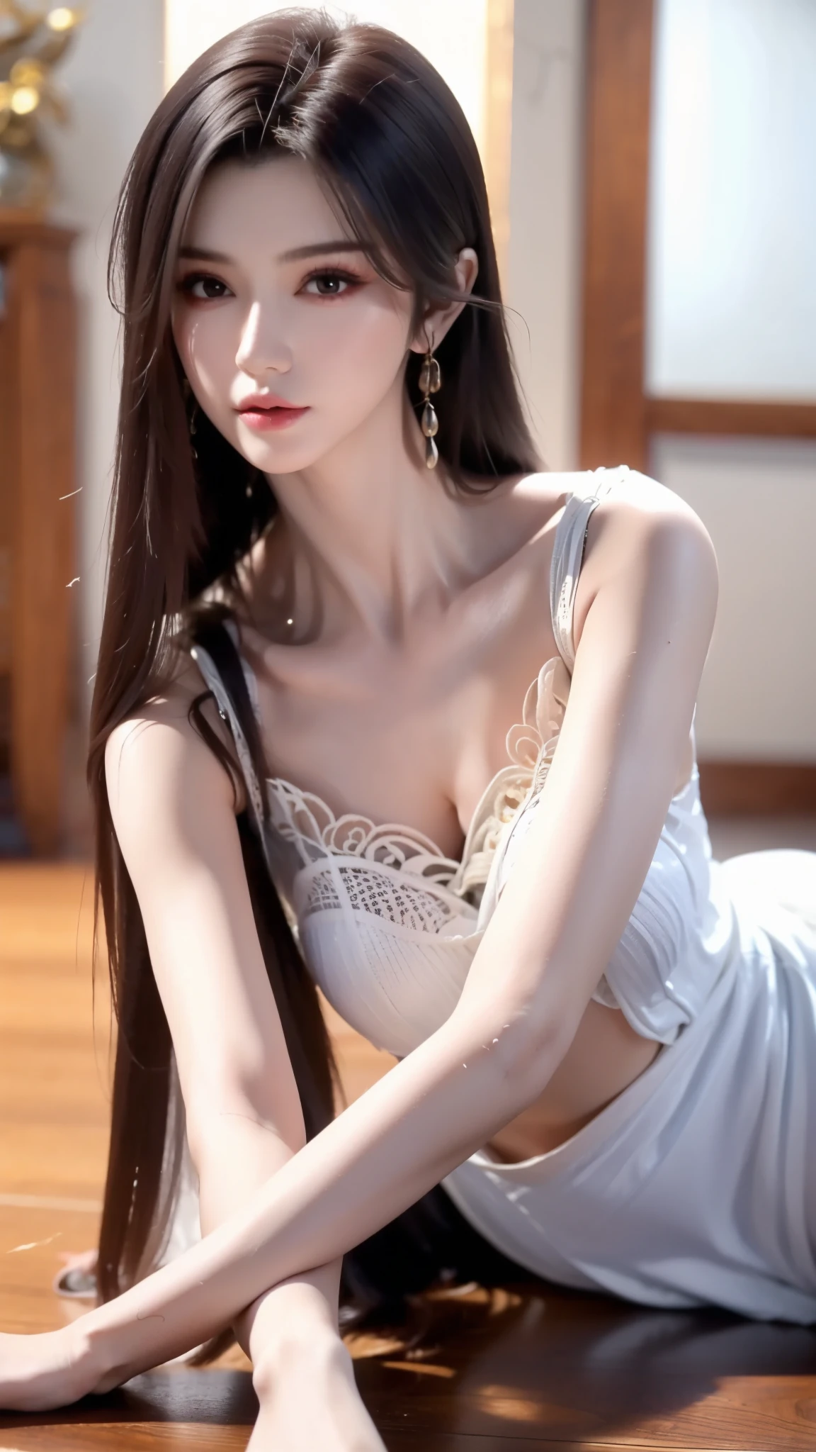 Close-up of a woman in a dress lying on a wooden floor, Japanese Goddess, Beautiful Chinese model, beautiful goddess, beautiful Asian girl, Sexy Girl, Fair, smooth and translucent skin, Chinese Girl, Asian girl, Attractive anime girl, Sexy pose, Beautiful fantasy queen, Beautiful and detailed body and face, Smooth white tights set, Light milky white porcelain skin