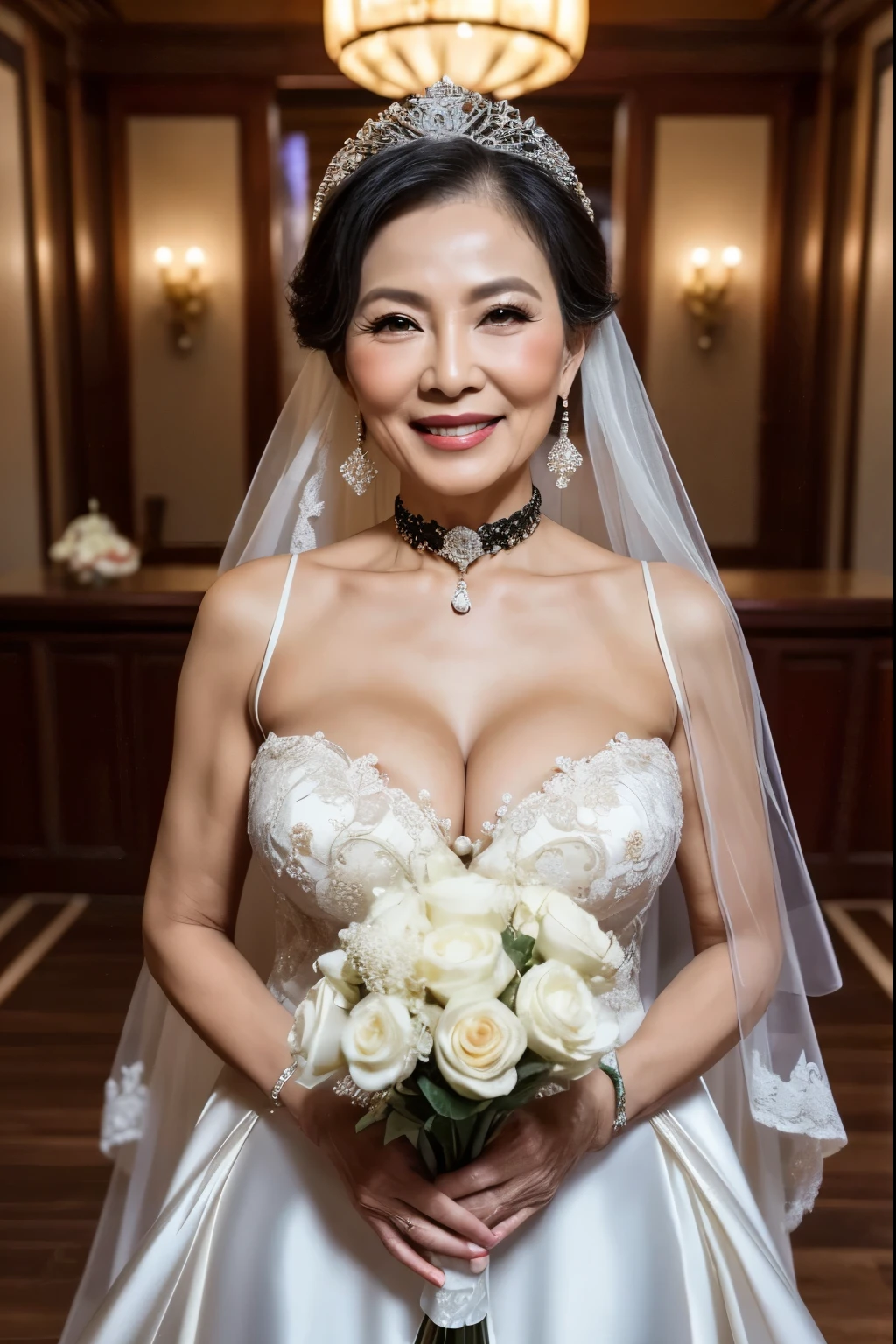 Best Quality, hight resolution, Hires, Skin definition, Detailed skin, Detailed eyes, Detailed face, 4K, 日本人A MILF, ((独奏)), (((50 years old))), (Wrinkles at the corners of the eyes:1.5), (nasolabial folds:1.5), A MILF, glamor, A sexy, Chromo-white skin, (((white hair))), ((Wavy Longhair)), Looking at Viewer,(((Aging skin:1.3))), ((loose muscles:1.4)), (((A slender))), (((Very large breasts:1.28))), ((Saggy udder)), (Saggy buttocks), ((Japanese Models)), 4K, (photoRealistic:1.5), Realistic, nffsw, Beautiful, Bimbo, Perfect makeup, a necklace, piercings, {(((weddingdress))), (((long skirt))), (((Skirt with slits))),(((Long veil))), (garterbelts), (White fishnet stockings), ((shining tiara)}}, ssmile, on the red carpet in the church, Spread legs, Squatting