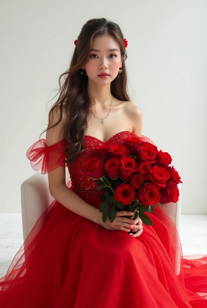 (masterpiece, best quality:1.5), highest quality, High resolution, super detailed, Realists, Upper body photo of a 22 year old brunette flower girl, detailed and beautiful eyes, beautiful detailed lips, very detailed eyes and face, longeyelashes, 22-year-old woman in a red short dress made of shiny satin fabric, Beautiful and colorful makeup, elegant and noble々Pose,shiny satin headband, grind, Holding flowers, Gardens as background, soft daylight, bright colors, fine brushstrokes, Portrait style, Noble details in the dress fabric, beautiful color palette, glowing skin, First-class rendering, that captures every detail, enchanting atmosphere, subtle shadows and lights, (perfect anatomy:1.2), (The stunning 22-year-old flower girl carries a basket of rose petals. Looks surprised (magnificent panorama view:1.2)