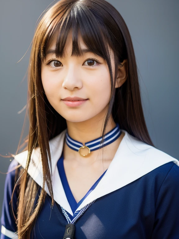 High school girl style、 full of bangs、bangs,  straight hair in a closed school、long hair、Plain face、Very cute Japanese girl, Age 18, cleavage,  ((school uniform, sailor suit))、Gray background、Studio shot、Black choker、cowboy shot、portrait、looking at viewer、motion lines, cleavage,
