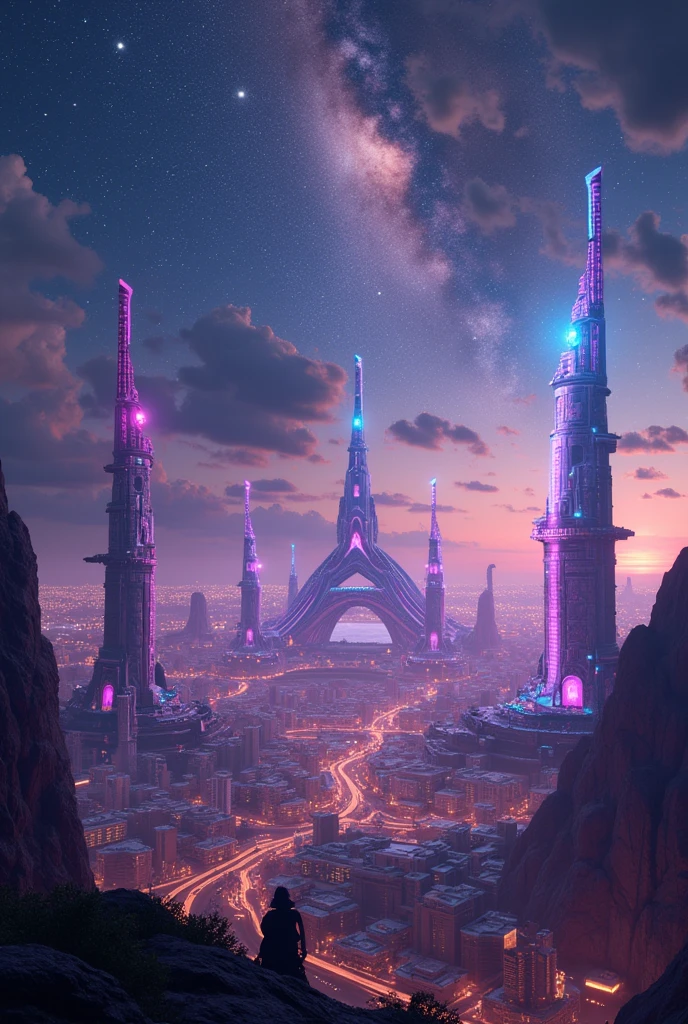 Breathtaking interstellar cities ,  featuring futuristic buildings ,  bright color ,  and beautiful night skies filled with stars and distant galaxies .  illuminated by shining light and dynamic holograms ,  Advanced technology and a vibrant alien atmosphere are being developed. Highly detailed and realistic.