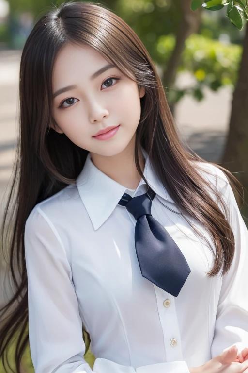 (8k), (highest quality: 1.2), (Realistic), (Realistic: 1.37), Ultra-high resolution, (1 girl, cute, smile, Mouth closed, Thick lips,Red lips,Beautiful details, Beautiful Nose, (Straight black hair), Giant Dulcefo, Self Snap,(school uniform),White shirt,Navy blue tie,Pleated skirt,(Knee-high socks),Night in the City,Brush your hair back,Face close-up,Shiny thighs