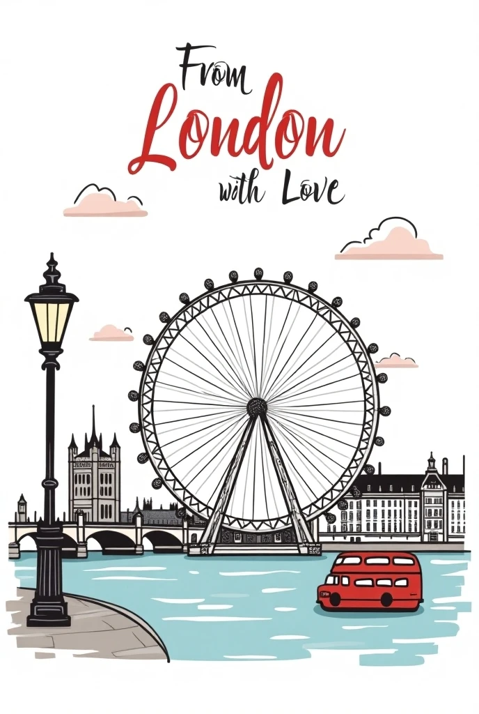 Illustration in a playful, hand-drawn style similar to a shop window display. Features the London Eye as the main element, with its large circular structure and glass capsules. Surround it with London elements like a red double-decker bus, a small boat on the Thames River, and a lamppost. Use bold black outlines, a mostly white background, and minimal accent colors. Add the handwritten text 'From London with Love' at the top. The style should feel whimsical and lively, capturing the iconic and scenic atmosphere of London.