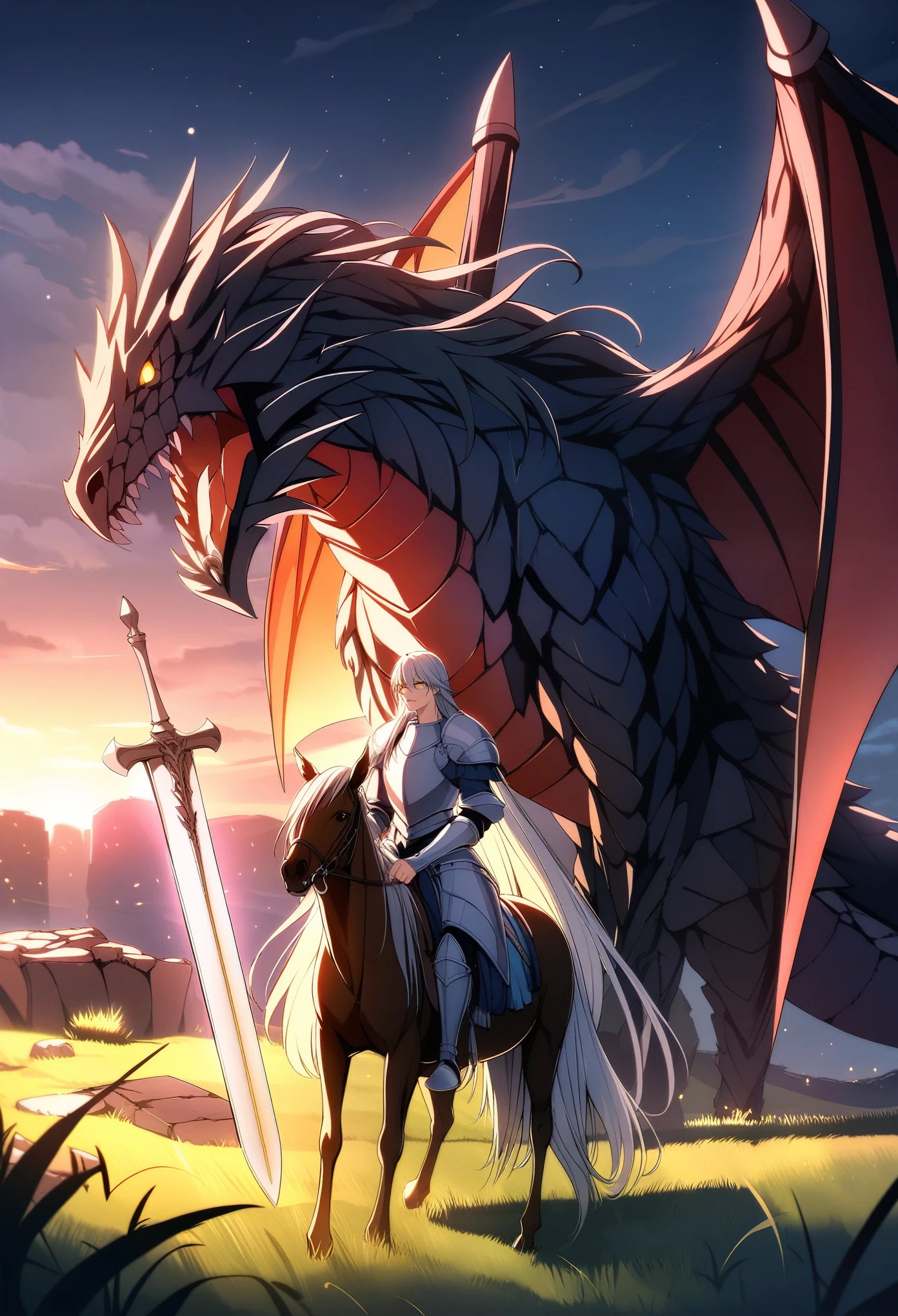 one man, (knight :1.3) in Shining Silver Armor, Long hair Gray ash, Enormous Two-Handed Sword, holds on shoulder, rides a horse, Hair fluttering in the wind, Prairie, clearing terrain, ruins and Stone slabs are visible, Stands Enormous Dragon, red scales,  bright yellow eyes ,  huge wings , Breathes Flame, fangs, cloudy, Night transition of day and night, Dawn, grass, bright colors, contrast, CG обработка, 8 k, masterpiece,  best quality ,  Maximum Quality ,  Difficult to detail , 