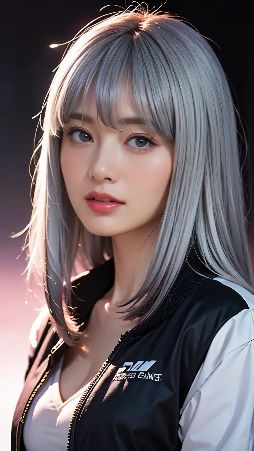 1 girl, alone focus, portrait, (big beast,front open track jacket,oversized black color track jacket), half pink, half blue, ((black long hair)), (sliver hair), (gradient hair,bangs :1.5), highly detailed eyes, (white skin:1.1), highest quality, Super detailed, moon light  into rest room background、kiss、beautiful decollete,peck