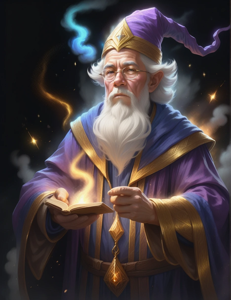 portrait, regal, a wizard casting a powerful spell in the style of chalkdust, sparkling glowing robes, 8k, concept art, digital art, high quality, highly detailed