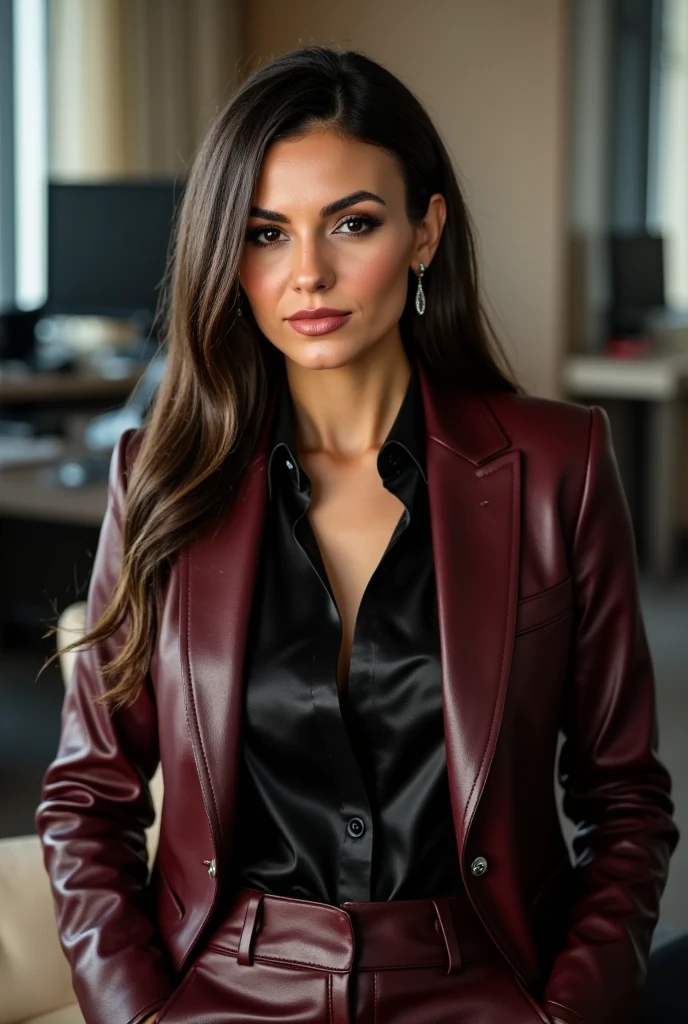 full body image of vict0r1justflx, a beautiful female business executive wearing an bordeaux leather Armani business suit with a open black buttondown shirt, wet slicked back brunette hair, strong seductive makeup, bedroom eyes, cinematic lighting, a corporate photography, top executive office in the background, godrays