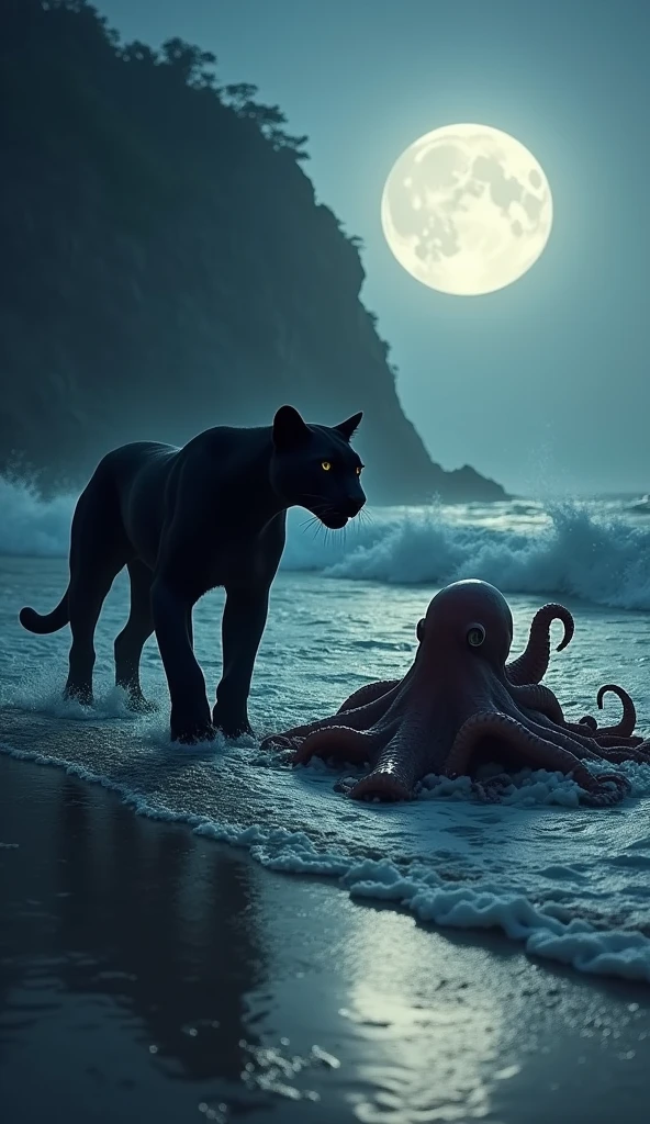 A giant cat stalks a bikini clad woman, beach by moonlight