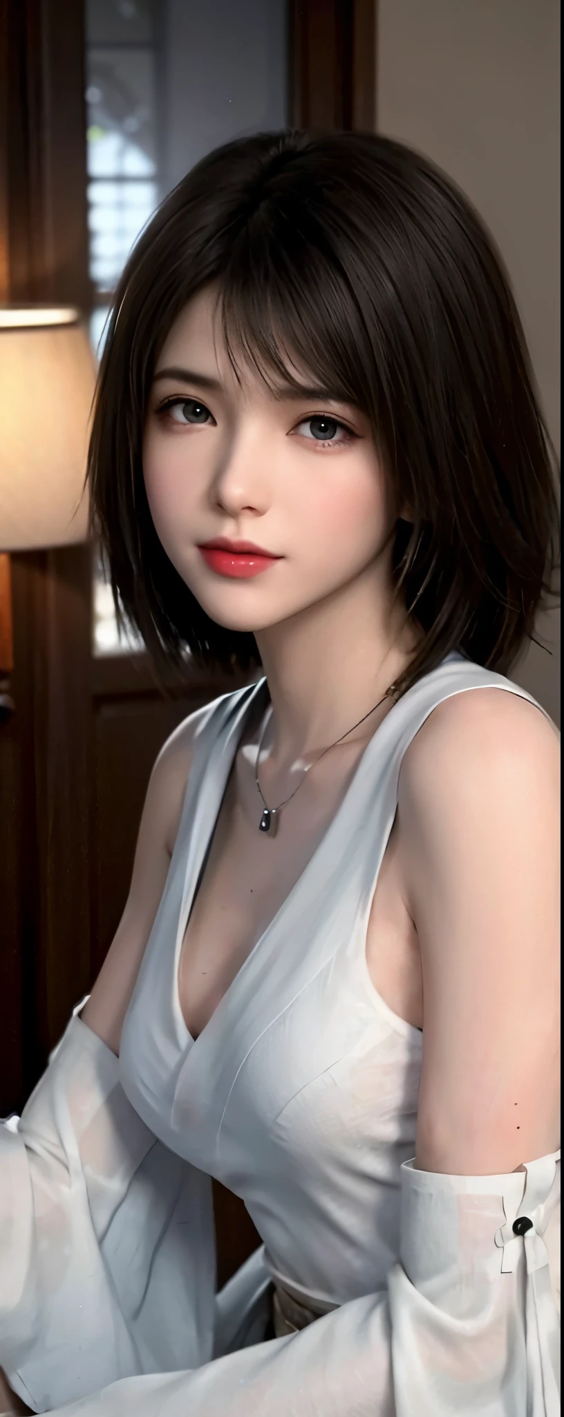 (masterpiece,Best Quality, ultra high resolution ), Japanese women, (((Very beautiful woman ))), cute girl 、 Looking at the photographer ､ ((Troubled face)), Super cute face , Glossy lips, Double eyelids on both eyes,Ecstatic smile、 natural makeup , long eyelashes, shiny smooth black hair short bob ､【Image Center, Perfect body, perfect anatomy,(((Completely naked))),Wet with sweat,Open your legs