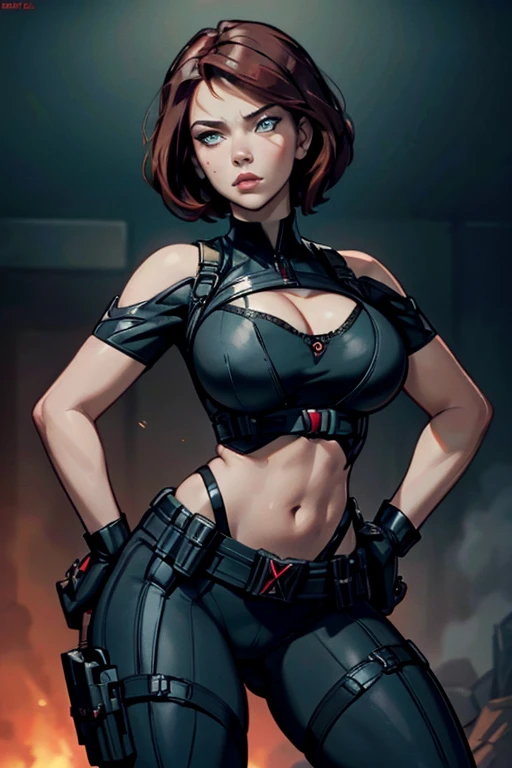 Scarlett Johansson as Black Widow, ((Masterpiece)); ((Natural Beauty)); ((Ultrarealistic green eyes)); beautiful detailed eyes, beautiful detailed lips: both eyes are similar; thick eyelashes; ((Ultrarealistic fair white skin)); ((Round boobs)); Deep Cleavage; pokies; ((Ultrarealistic red short classic bob haircut hairstyle)); ((Ultrarealistic round Asscheeks)); slim waist; ((Ultrarealistic widow bite black gloves)); ((Ultrarealistic black widow utility belt)); black and red tactical vest; Bright Red stripe accents on the side of the suit; Short sleeve; looking at the viewer;  
She stands with her feet shoulder-width apart, one hand on her hip and the other resting on a weapon holstered at her side. Her short hair is slicked back, and she has an intense, intimidating stare that shows she means business. Dramatic lighting, cinematic composition 