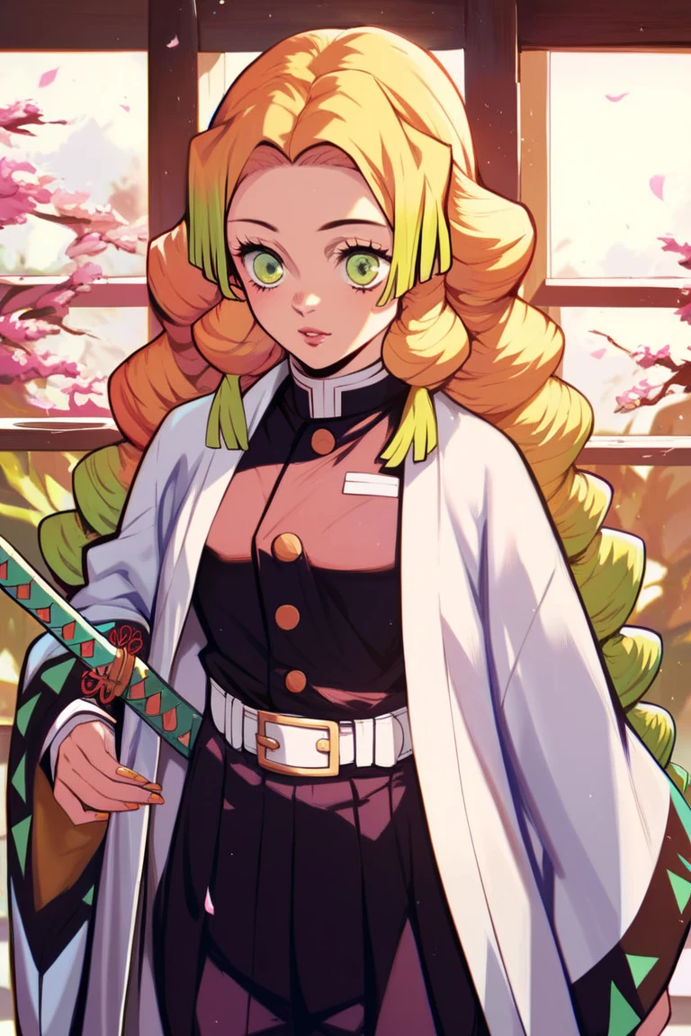 score_9, score_8_up, score_7_up, score_6_up, masterpiece, best quality, 1girl, blonde hair with orange tips, hime cut, parted bangs, black shirt, black pants, white belt, open kimono, yellow kimono, white triangle design on kimono, thin Katana, sheathed, demon slayer outfit, demon slayer artstyle, lovely,