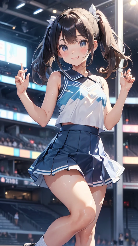 ((( Hi-Res, 超 Hi-Res、masterpiece,  anatomically correct,  won numerous awards, Best Quality,  high detail ,  Ultra High Definition, RTTX10.0)))、(((beautiful fingers、beautiful hands,)))、（5 fingers 1.5）、kawaii、JK、Dynamic、white and blue cheerleader uniforms、 short skirt、 Attractive Thighs、（ thigh focus）、 ponytails、Sweat on cheeks、pleated skirt, shoes, sleeveless, black footwear, blue skirt, sleeveless shirt, white socks, cheerleader、Open your mouth、smile、Looks fun、