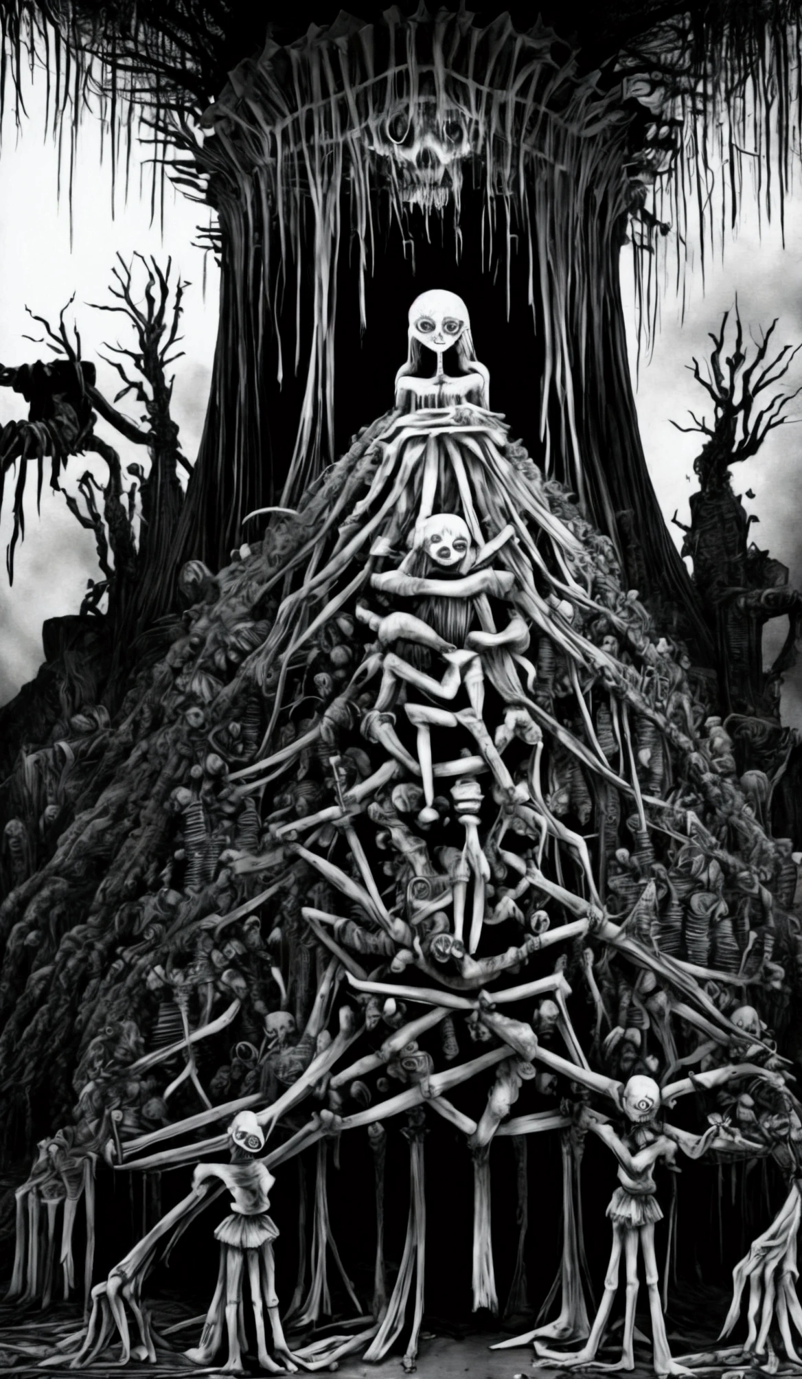 Create an intricate, high-resolution 4K (UHD) illustration that closely resembles a page from a meticulously crafted demonology book. The illustration should vividly portray a malevolent entity cloaked in shadow, its form consisting of a grotesque arrangement of bones. These bones should be organized in a macabre fashion, with the faces of tormented souls intricately etched and drawn onto the surface of the bones. These imprisoned souls' expressions must bear the weight of their past sins, profound regrets, and agonizing screams of torment.
The entire scene should be engulfed in an oppressive ambiance, conveying a sinister and eerie atmosphere, and the color palette should be strictly limited to shades of black and gray, giving the image a foreboding and spectral quality.
Furthermore, emphasize the creature's own countenance, distorting it to the point of being utterly unrecognizable. This distortion should enhance the horrific nature of the entity and accentuate the chilling details of the bones and the imprisoned souls, making it a truly nightmarish vision.
Please execute this prompt with meticulous attention to detail to create a truly haunting and evocative representation in the style of a demonology book, and ensure that the final image is in stunning 4K resolution (UHD).